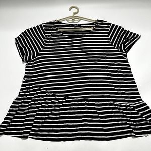 Cable Gauge Top Women Plus 2X Black White Striped Short Sleeve Babydoll Tunic